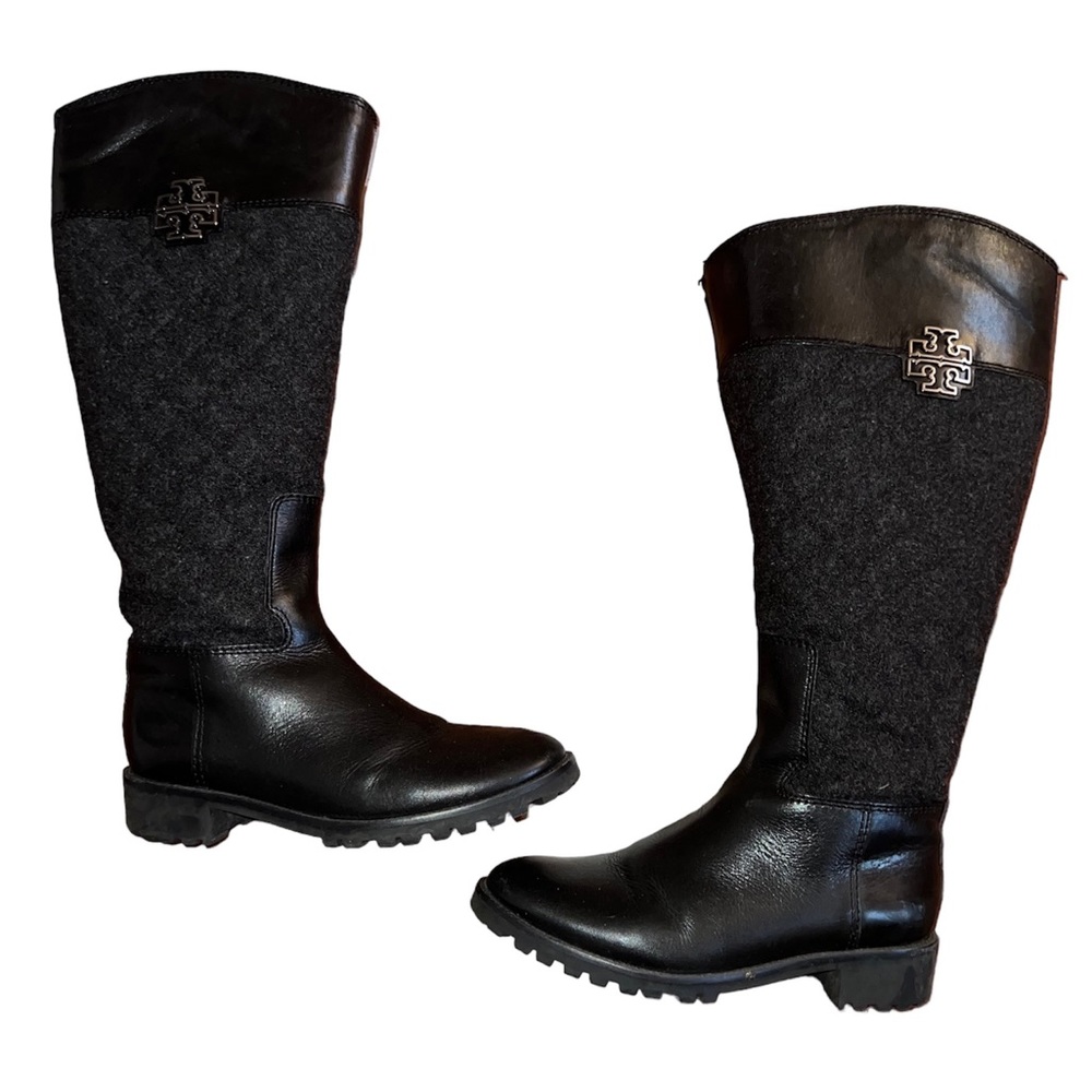 Tory Burch Rosalie Quilted Wool Felt Tall Riding Boots Black Gray Size 8M